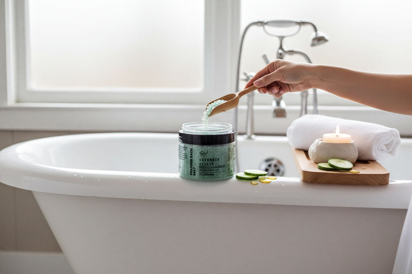 A hand is pouring a green substance from a jar into a white bathtub, which is situated in a bathroom with a window and a candle.