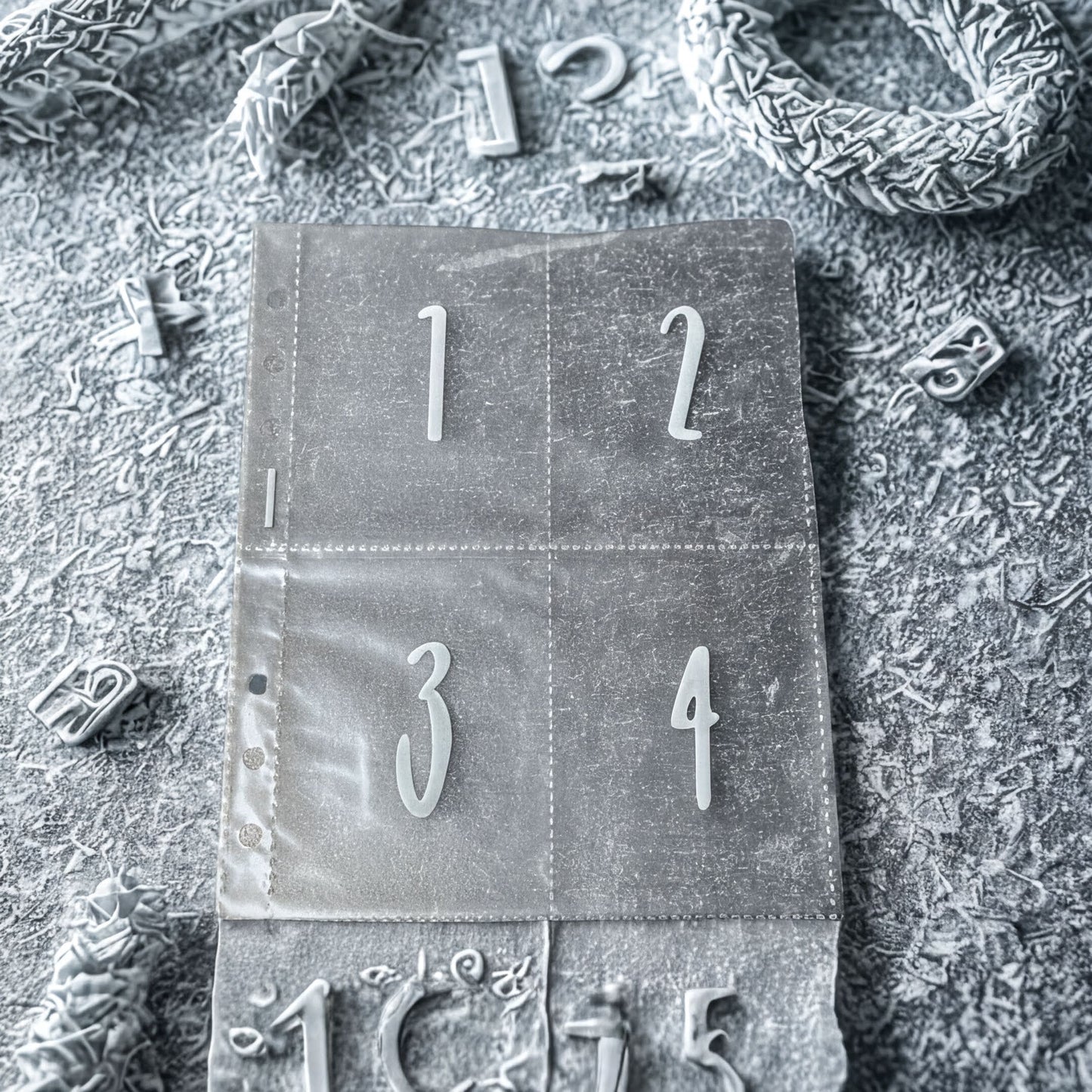 a close-up view of a transparent material with numbers 1, 2, and 3 printed on it, along with some additional numbers and letters scattered around the material.