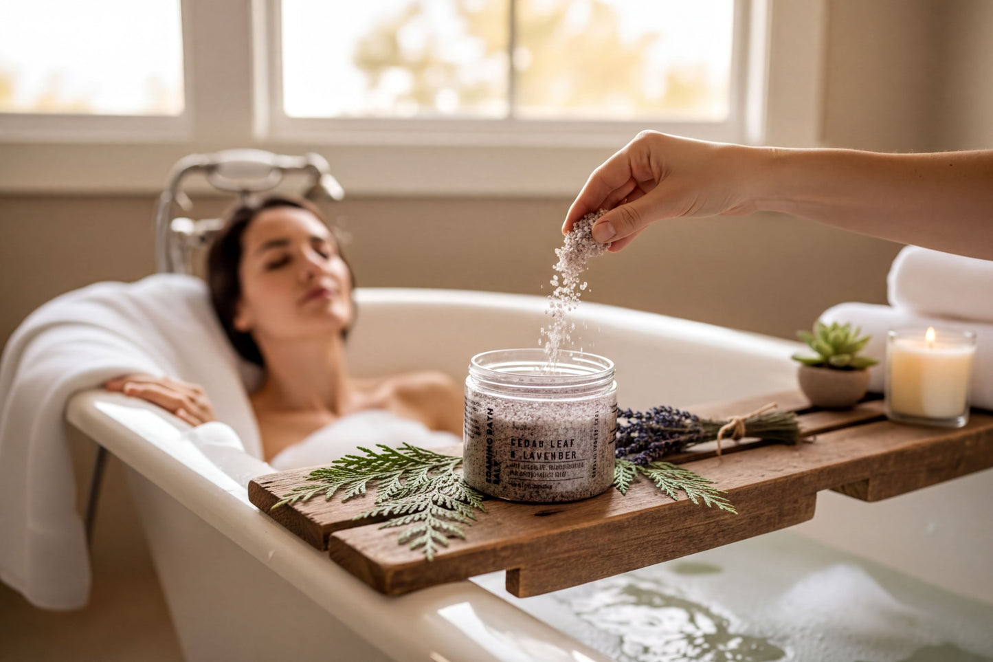 A person relaxing in a bathtub, surrounded by a wooden tray with a jar of bath salt, a candle, and some greenery.