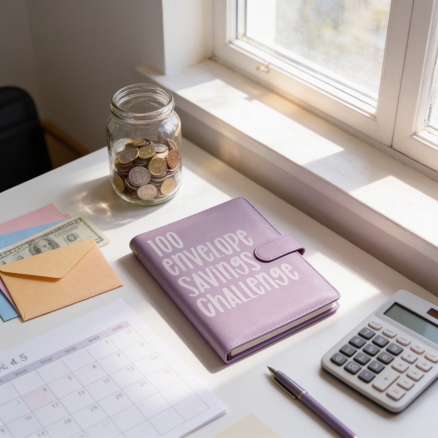 a desk with various items, including a jar filled with coins, a purple notebook, a pen, a calculator, and a calendar.