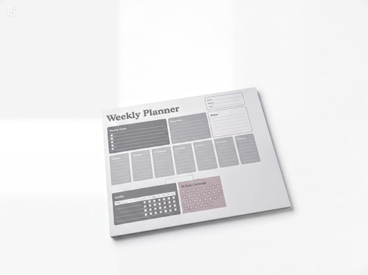 The image is a weekly planner with a calendar and various sections for planning and organizing tasks.