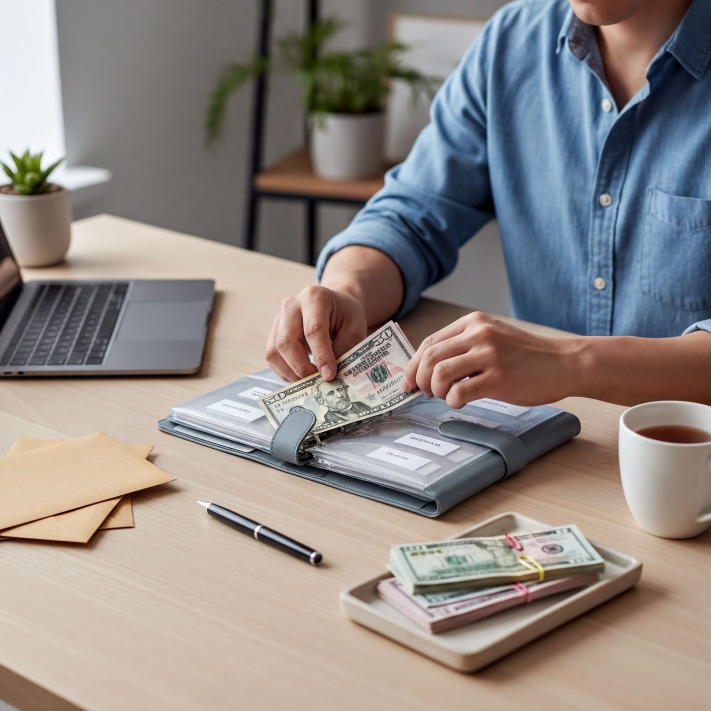 A person is sitting at a desk, counting and organizing money in a wallet.
