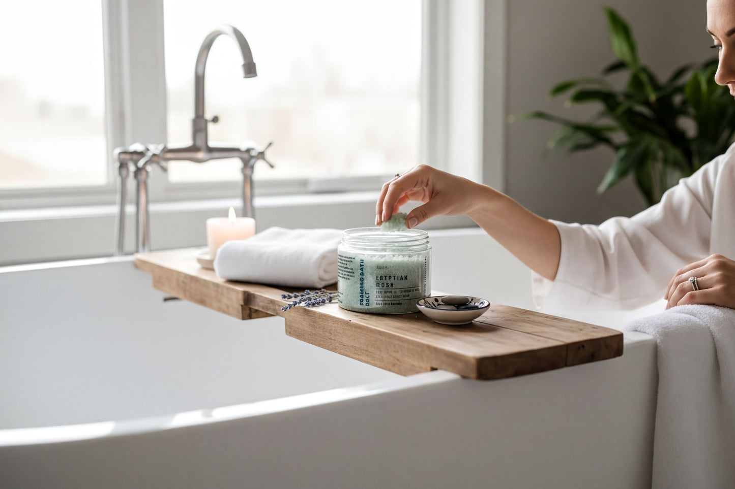 A person is sitting in a bathtub, surrounded by various items, including a jar of bath product, a candle, and a wooden tray.