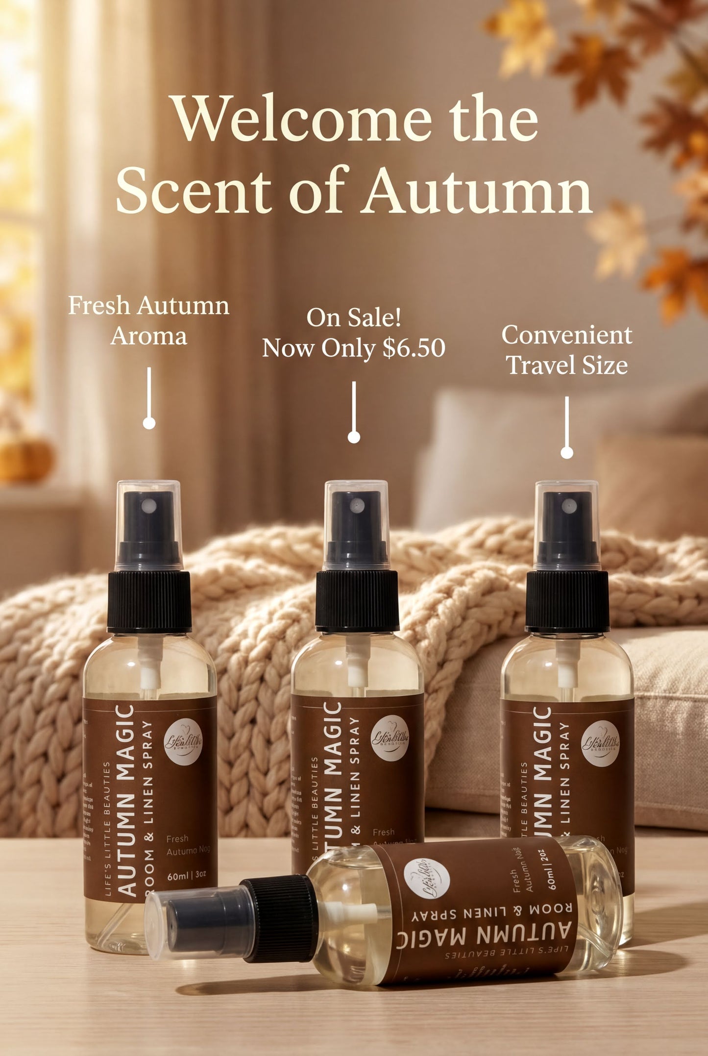 three bottles of "Autumn Magic" essential oil diffuser, with a cozy autumn-themed background.