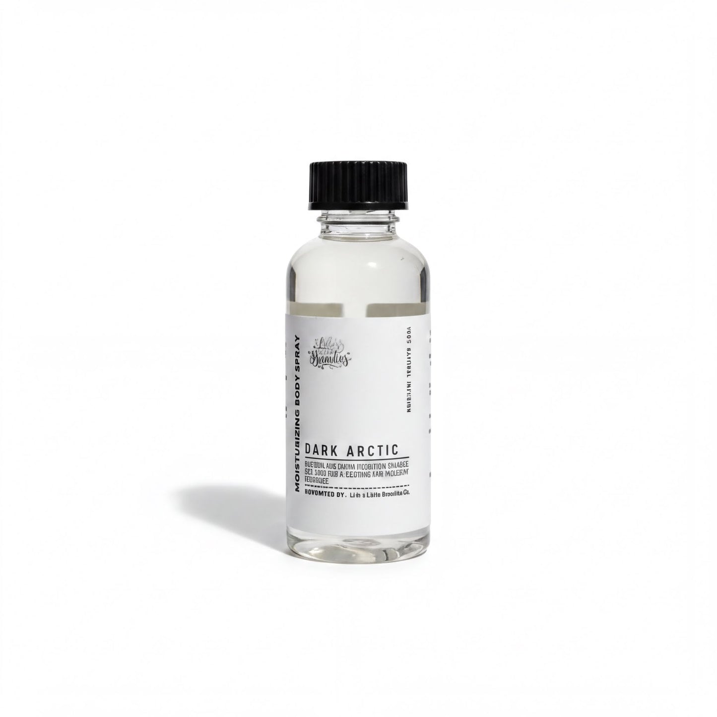 A clear glass bottle with a black cap, containing a clear liquid, labeled as "Dark Arctic".
