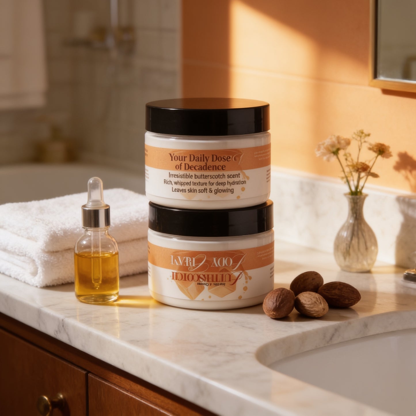 a bathroom counter with two jars of skincare products, a bottle of essential oil, and some nuts.