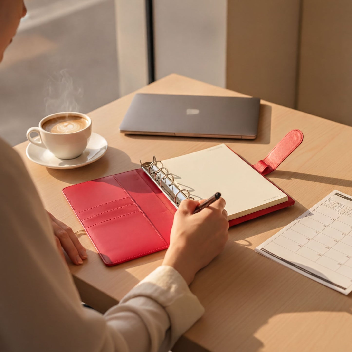 A person is sitting at a desk, writing in a red notebook with a pen, while a laptop and a cup of coffee are nearby.