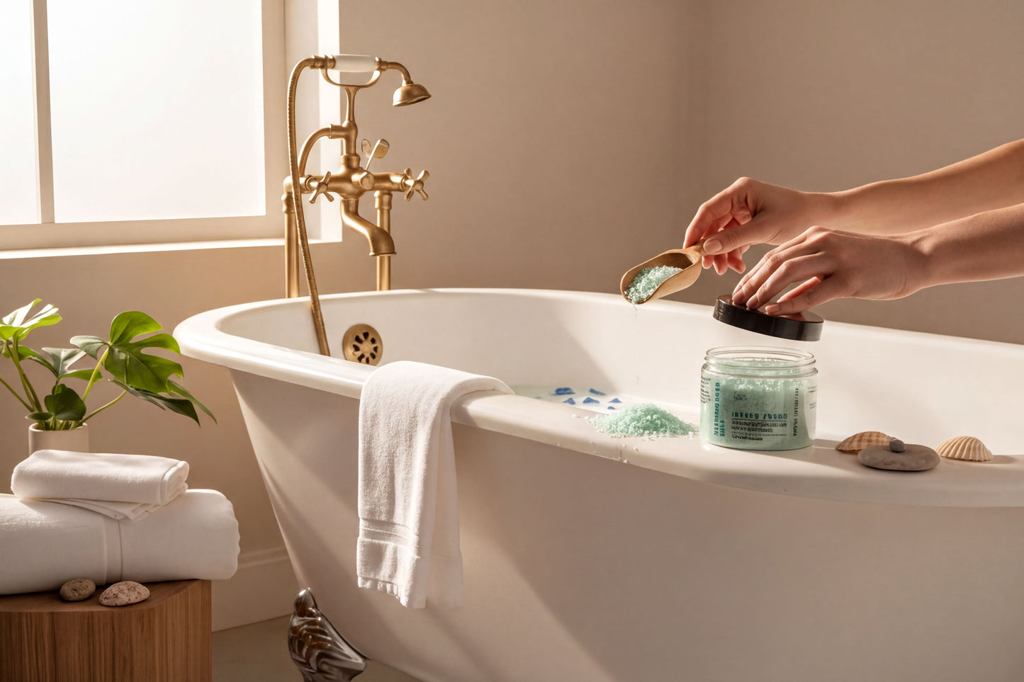 A person's hands are pouring a green bath bomb into a white bathtub filled with water, surrounded by various bath products and decorative elements.