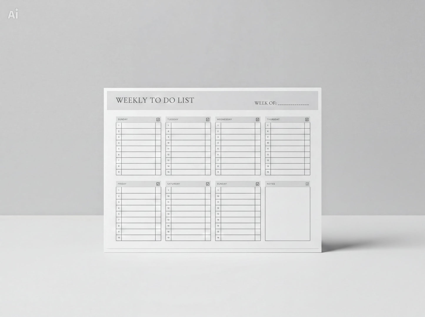 A simple, white weekly to-do list with blank spaces for writing down tasks and checkboxes for checking completed tasks.