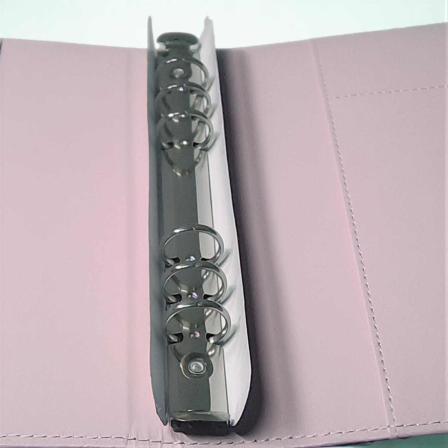 A silver metal ring is attached to a pink folder, which is open and visible in the image.
