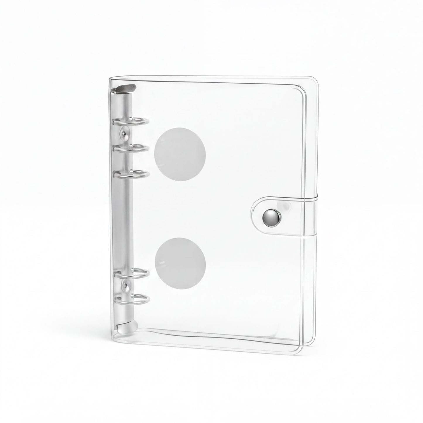 A clear plastic binder with a metal ring mechanism and two circular holes on the front.