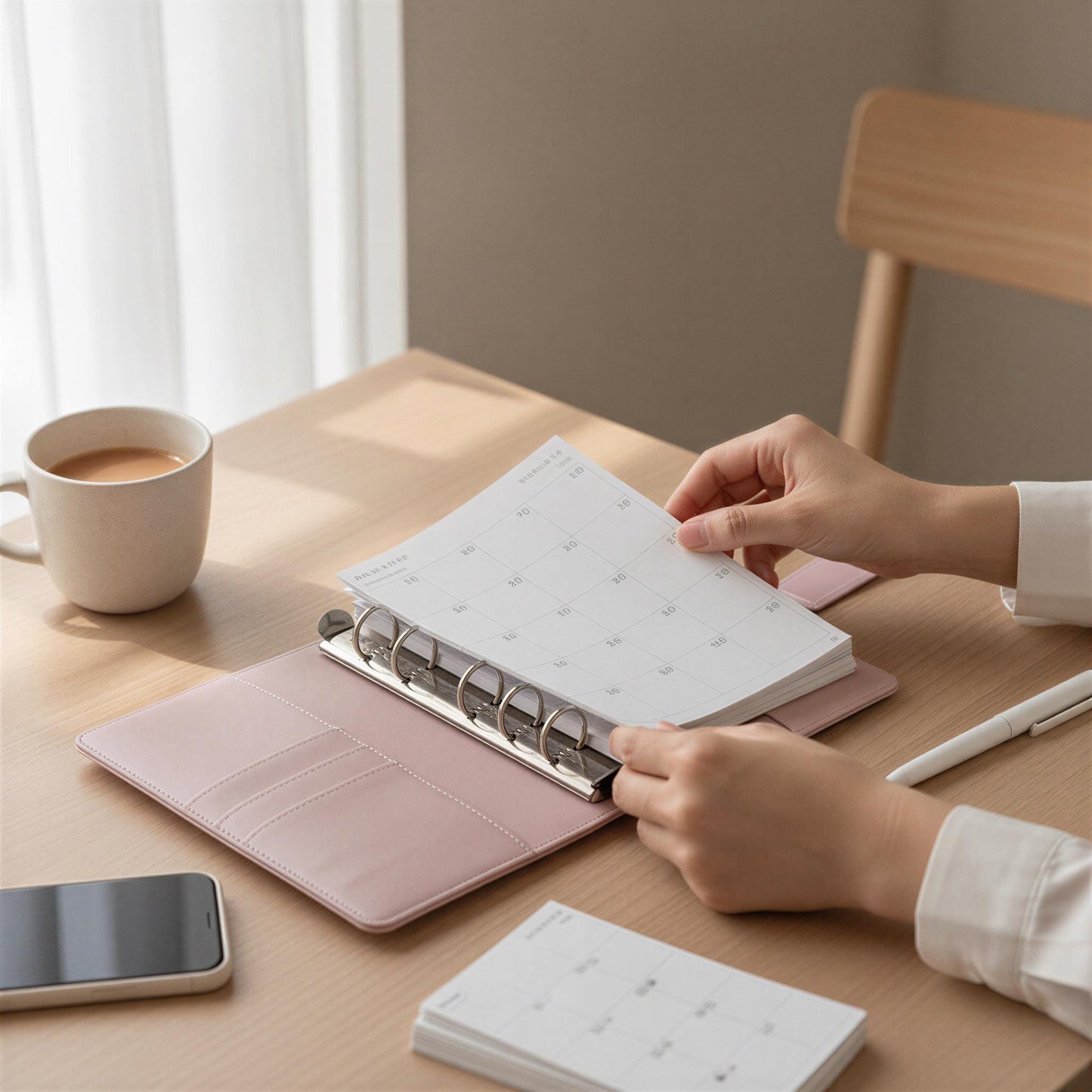 A person's hands are holding open a pink notebook on a wooden desk, with a coffee cup and a smartphone nearby.