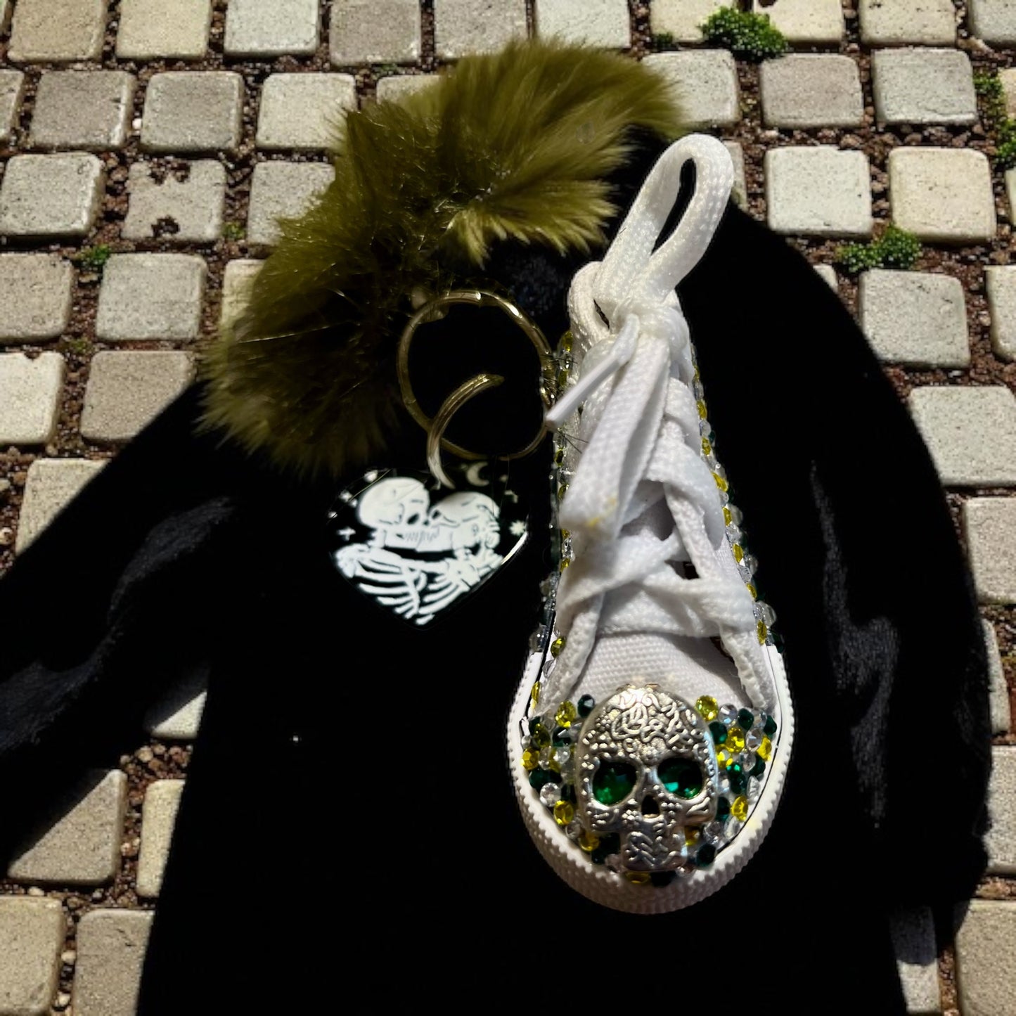 Bedazzled Handmade Converse Keychain - Green Skull