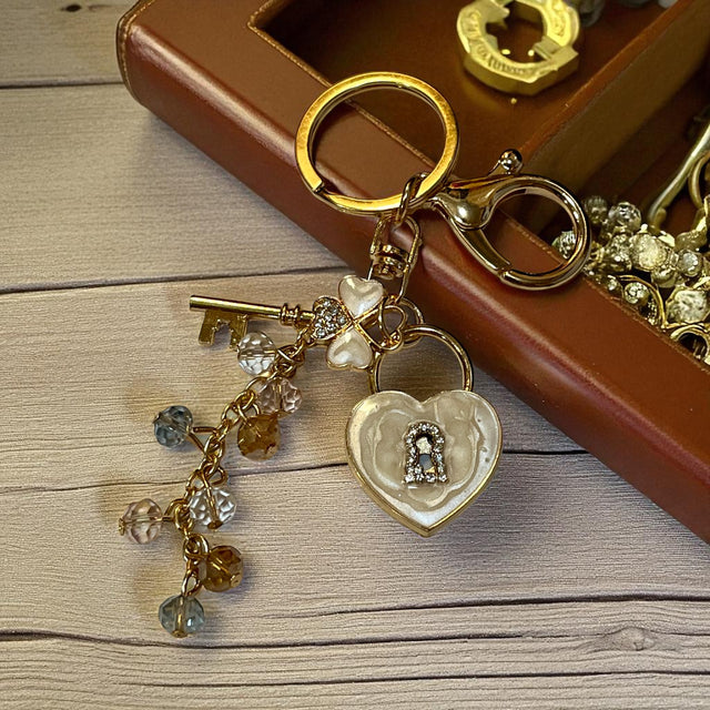 White Heart Lock and Key Jeweled Keychain