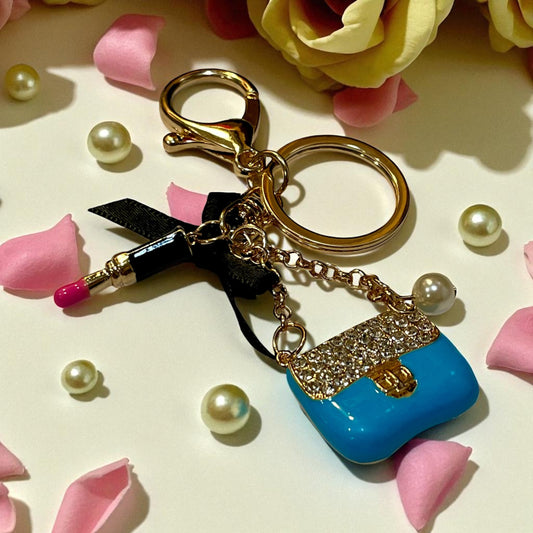 Blue Pearl Sachet Keychain - Elegant Satin Purse with Pearls