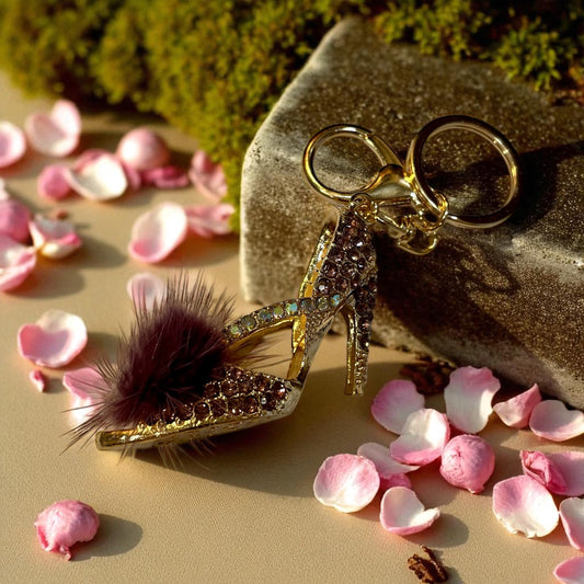 Plush Purple High Heel Keychain: Rhinestone Accent, Soft Pom
