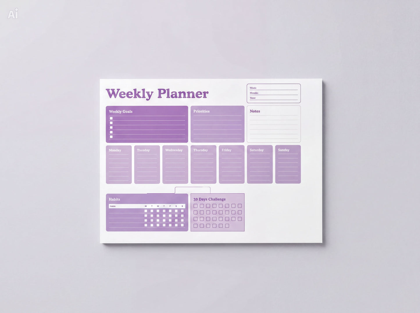 The image is a weekly planner with a purple and white color scheme. It includes a calendar section for tracking dates and a section for planning and organizing tasks and goals for the week.