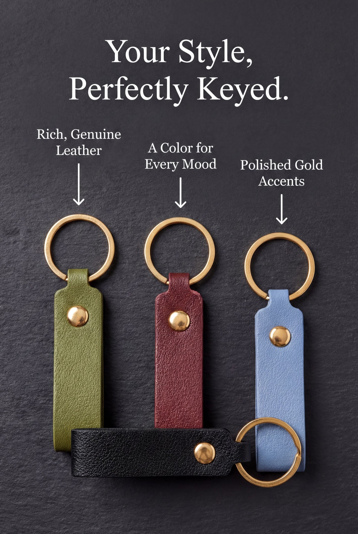 three leather keychains with different colors and designs, each with a gold-colored ring and a black-colored leather strap.