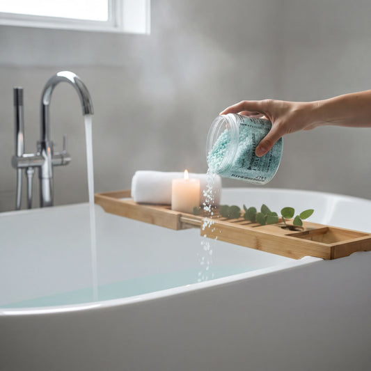A jar of Roanforest Bamboo & Sea Salt Soaking Bath Salt is placed on a bamboo tray, with a lit candle and a rolled white towel nearby, in a bathroom setting.