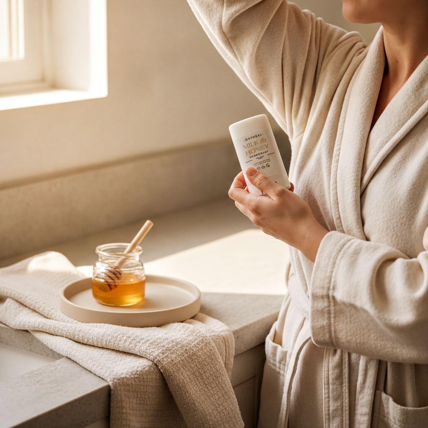 A person in a beige robe is holding a white container with text on it, standing next to a jar of honey and a towel.