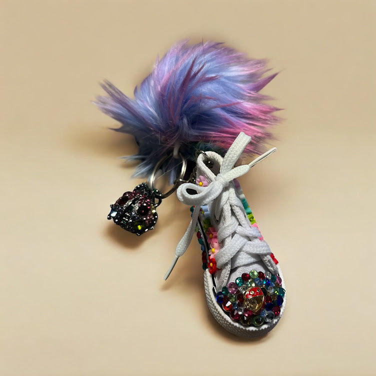Bedazzled Handmade Converse Keychain - Blooming Ladybug