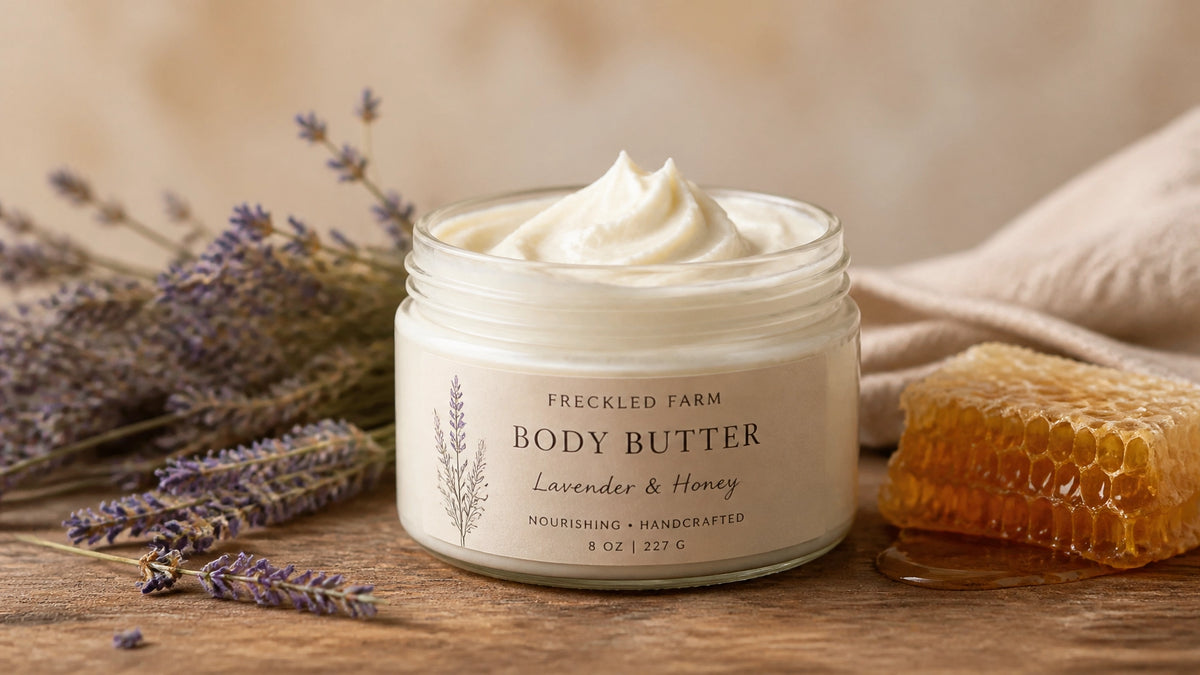 A luxurious jar of natural body cream on a rustic wooden table with dried botanicals