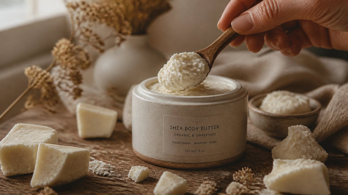 Thick organic body butter in a ceramic jar with a wooden spoon