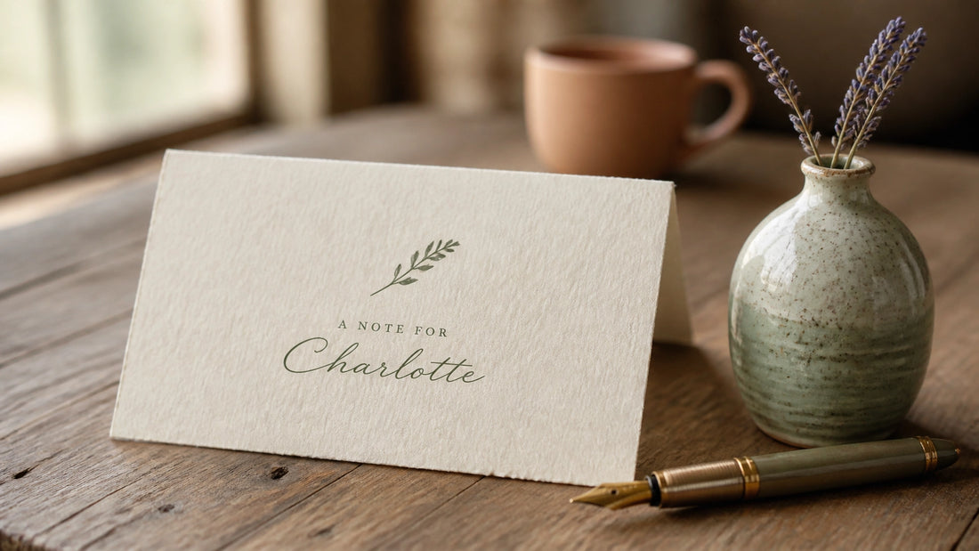 A handcrafted personalized note card resting on a rustic wooden table with a fountain pen and dried lavender