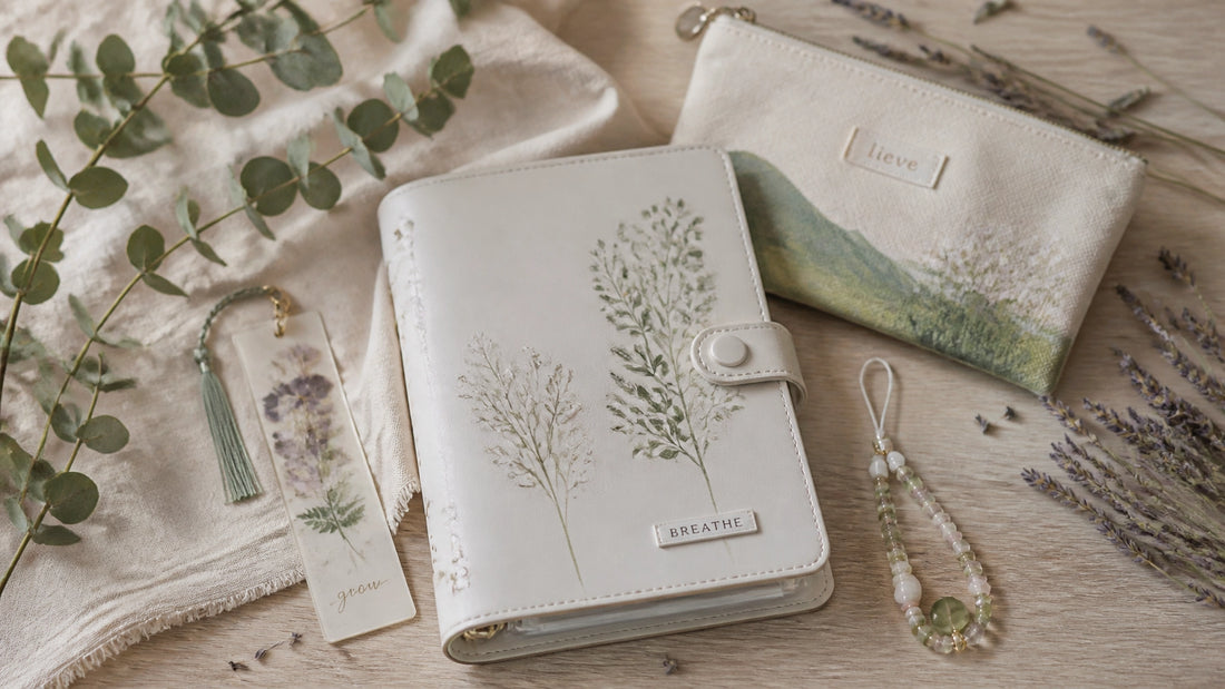 Artisanal handmade accessories flat lay with stationery and charms on a wooden surface