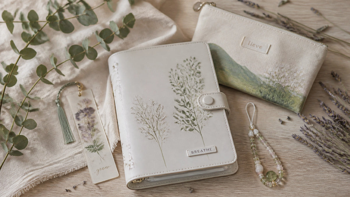 Artisanal handmade accessories flat lay with stationery and charms on a wooden surface