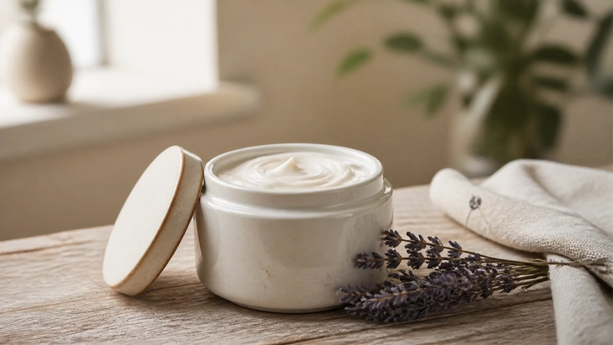 Serene skincare ritual with a ceramic jar of natural moisturizer on a wooden table