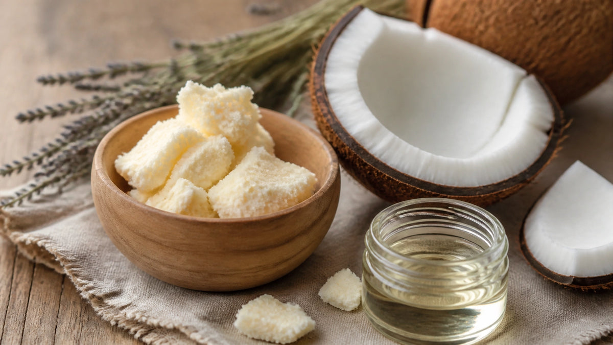 A rustic arrangement of raw shea butter and fresh coconut representing natural moisturizer ingredients.