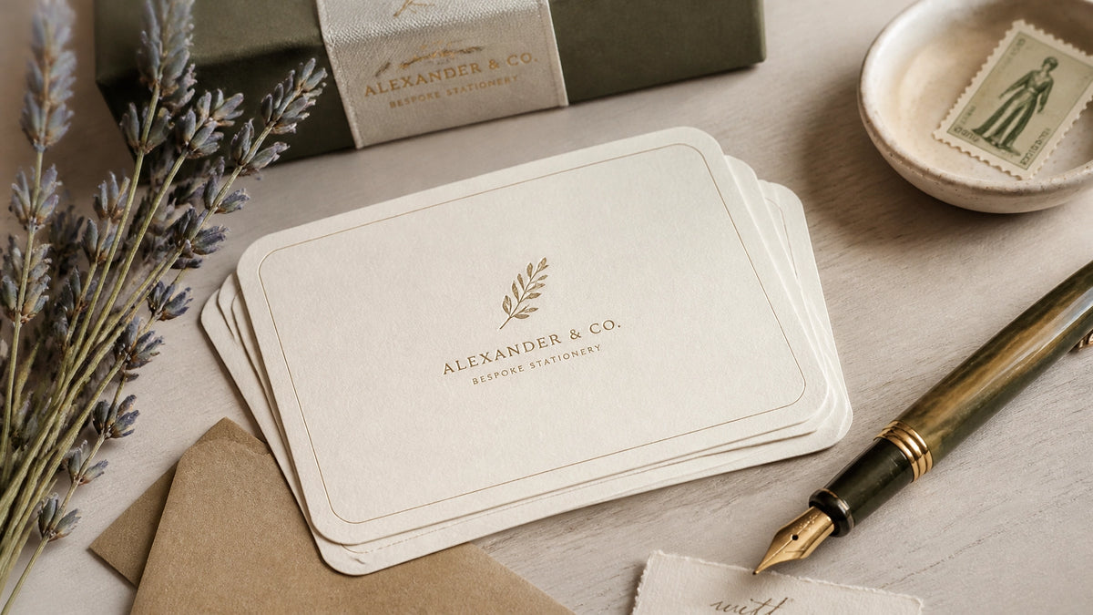 A high-resolution, editorial flat-lay of luxury bespoke stationery on a light-colored wooden surface.