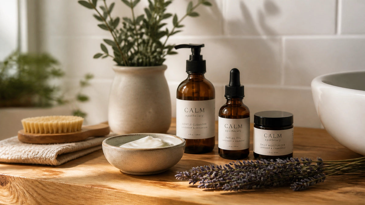 A minimalist natural skincare setup on a wooden bathroom vanity with amber bottles and soft sunlight.