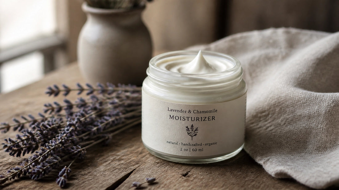 A handcrafted skin moisturizer in a glass jar on a rustic wooden table with lavender and linen.