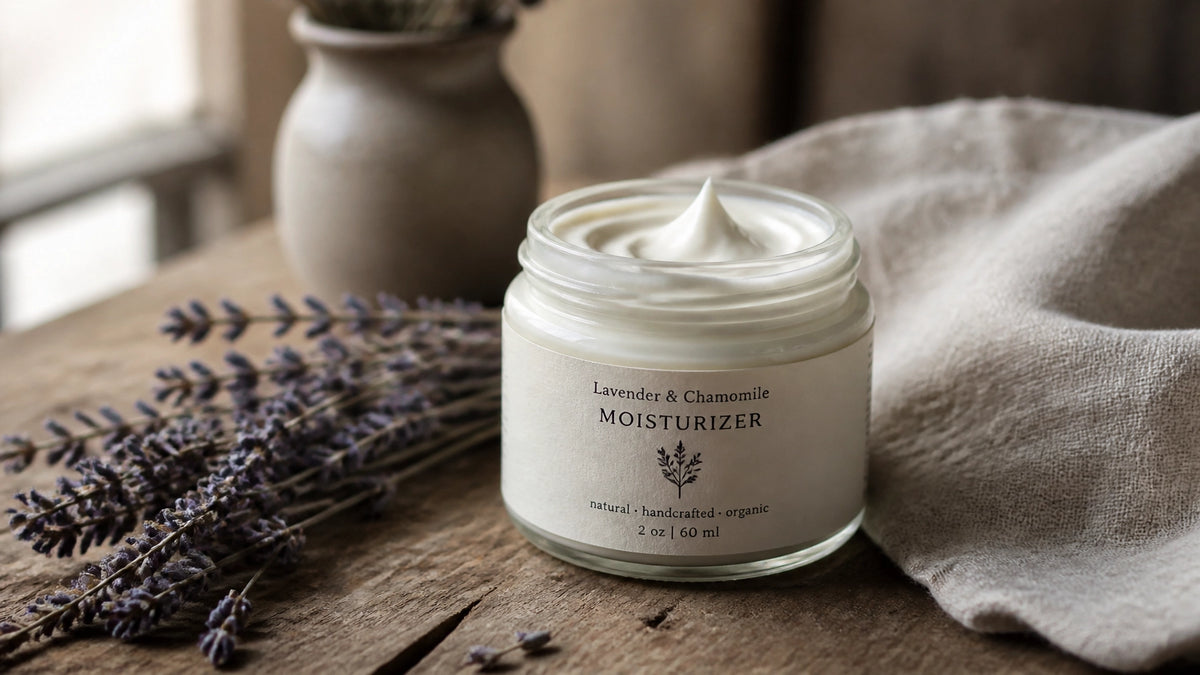 A handcrafted skin moisturizer in a glass jar on a rustic wooden table with lavender and linen.