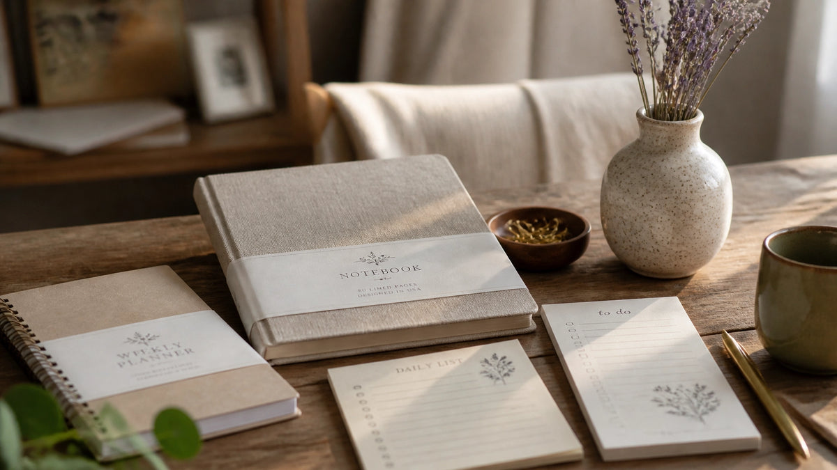 A serene, sun-drenched wooden desk with artisanal stationery, a linen-covered notebook, a handcrafted planner, and elegant to