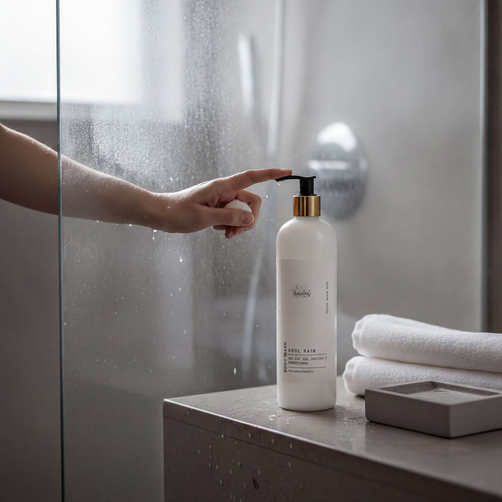 A hand is reaching for a pump bottle of "Sailor Rain" lotion in a bathroom setting, with a shower curtain and towels visible in the background.