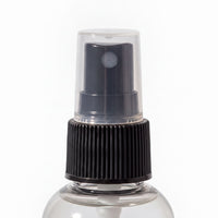 A spray bottle with a black cap and a clear nozzle.