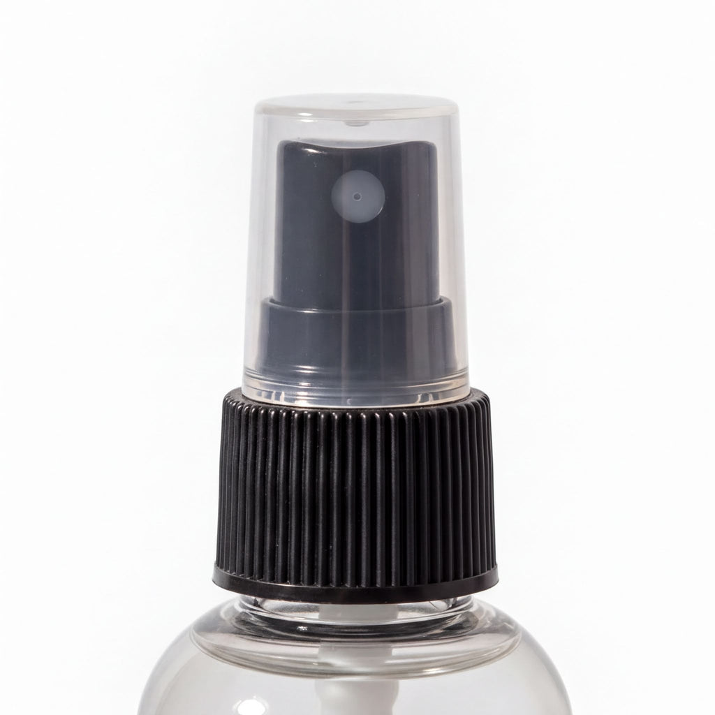 A spray bottle with a black cap and a clear nozzle.