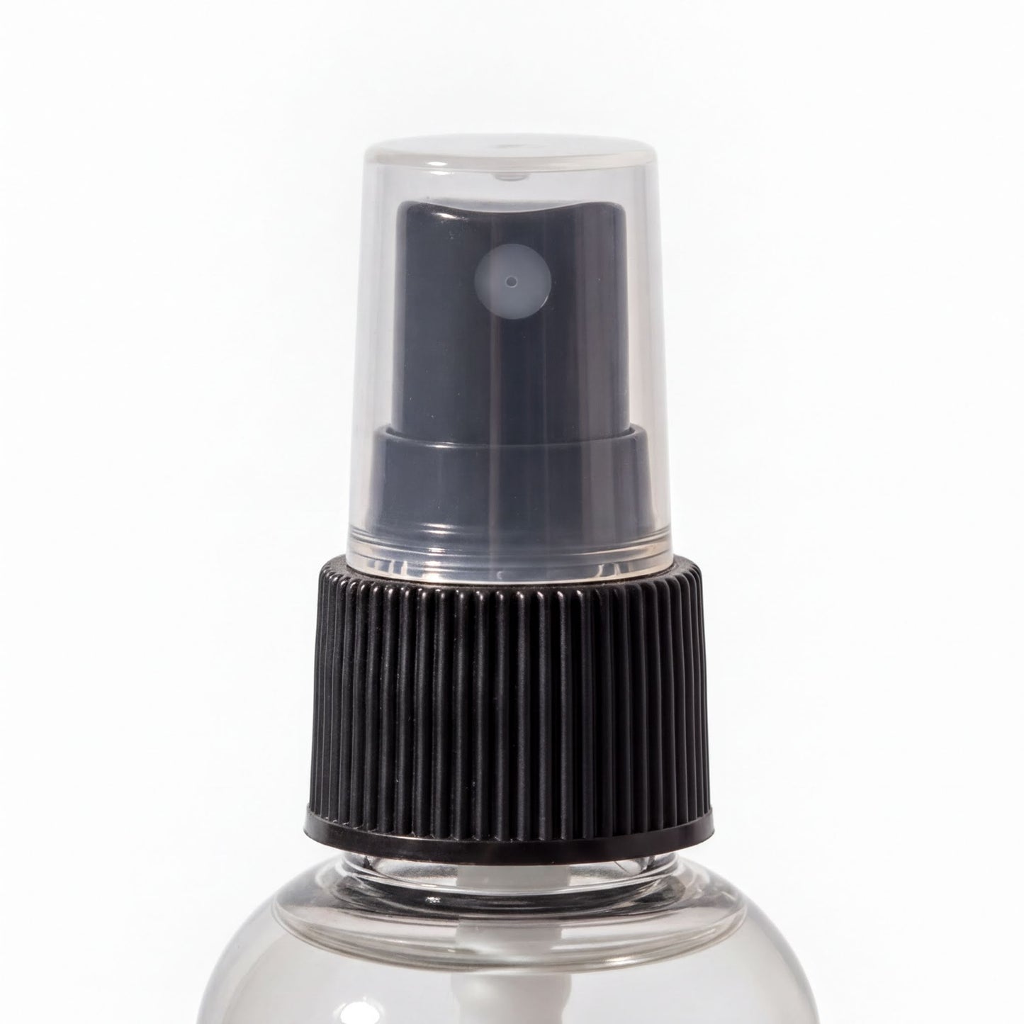 A spray bottle with a black cap and a clear nozzle.