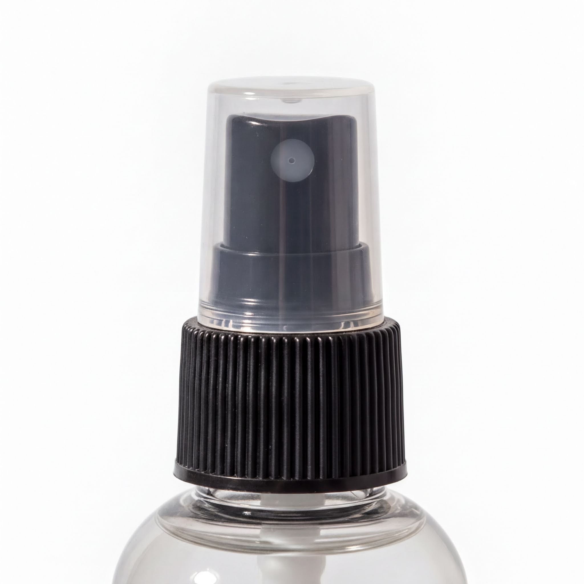 A spray bottle with a black cap and a clear nozzle.