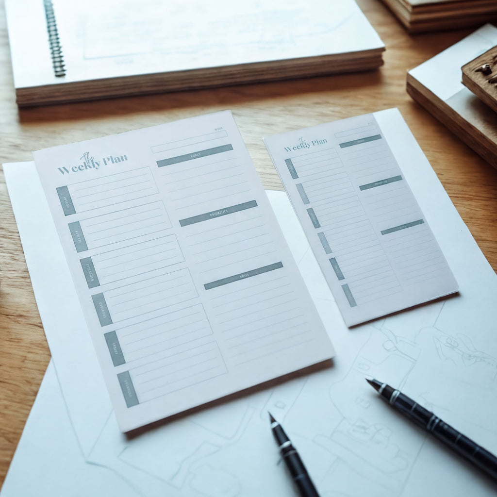 a desk with two white planners or schedules, a notebook, and some pens. The planners have a weekly plan layout, suggesting they are used for organizing tasks and appointments.