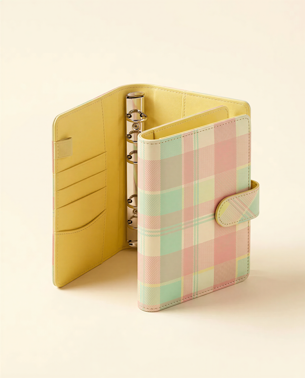 A colorful plaid-patterned wallet or binder with a yellow interior and a metal ring slot.