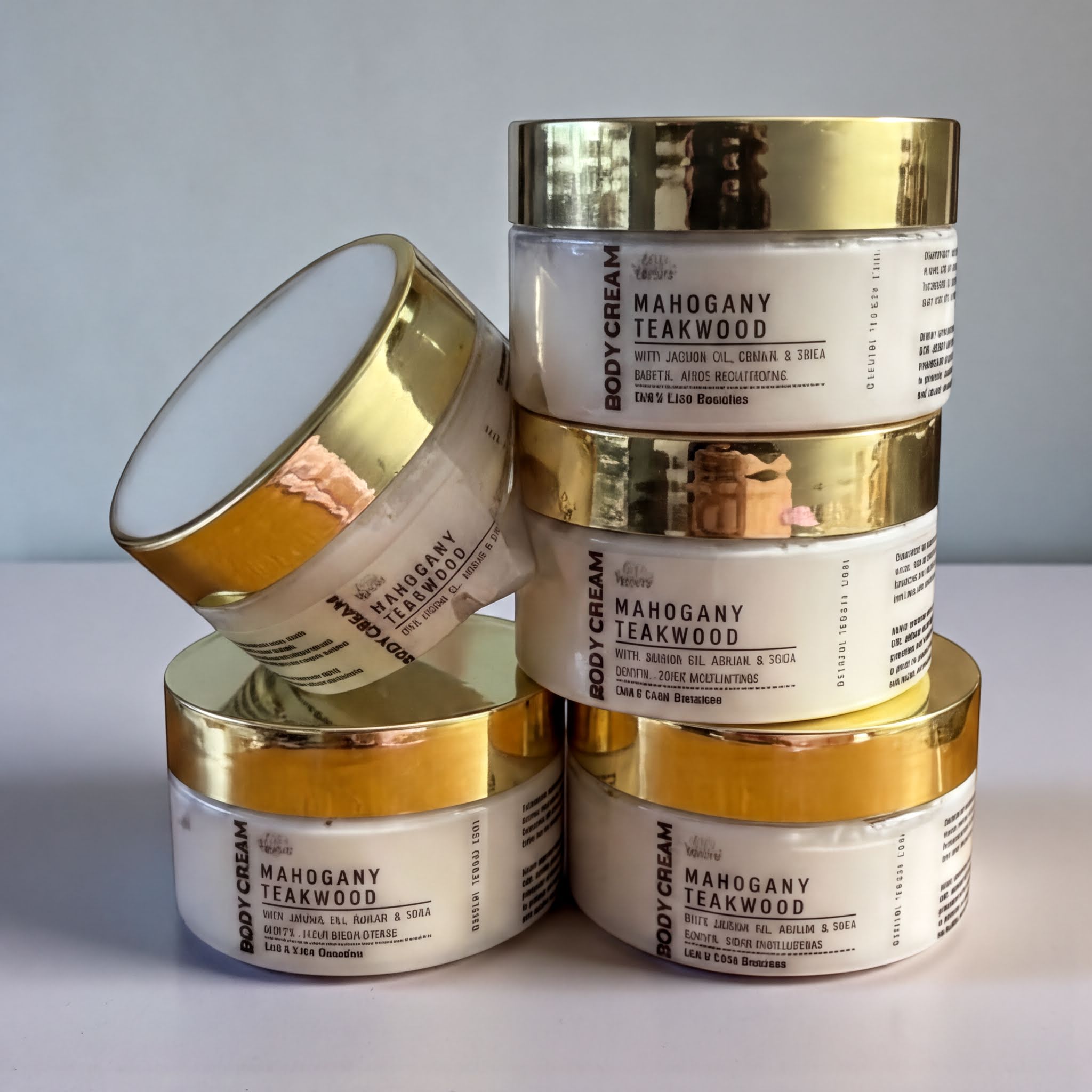 a stack of four jars of body cream with gold-colored lids, arranged on a white surface.