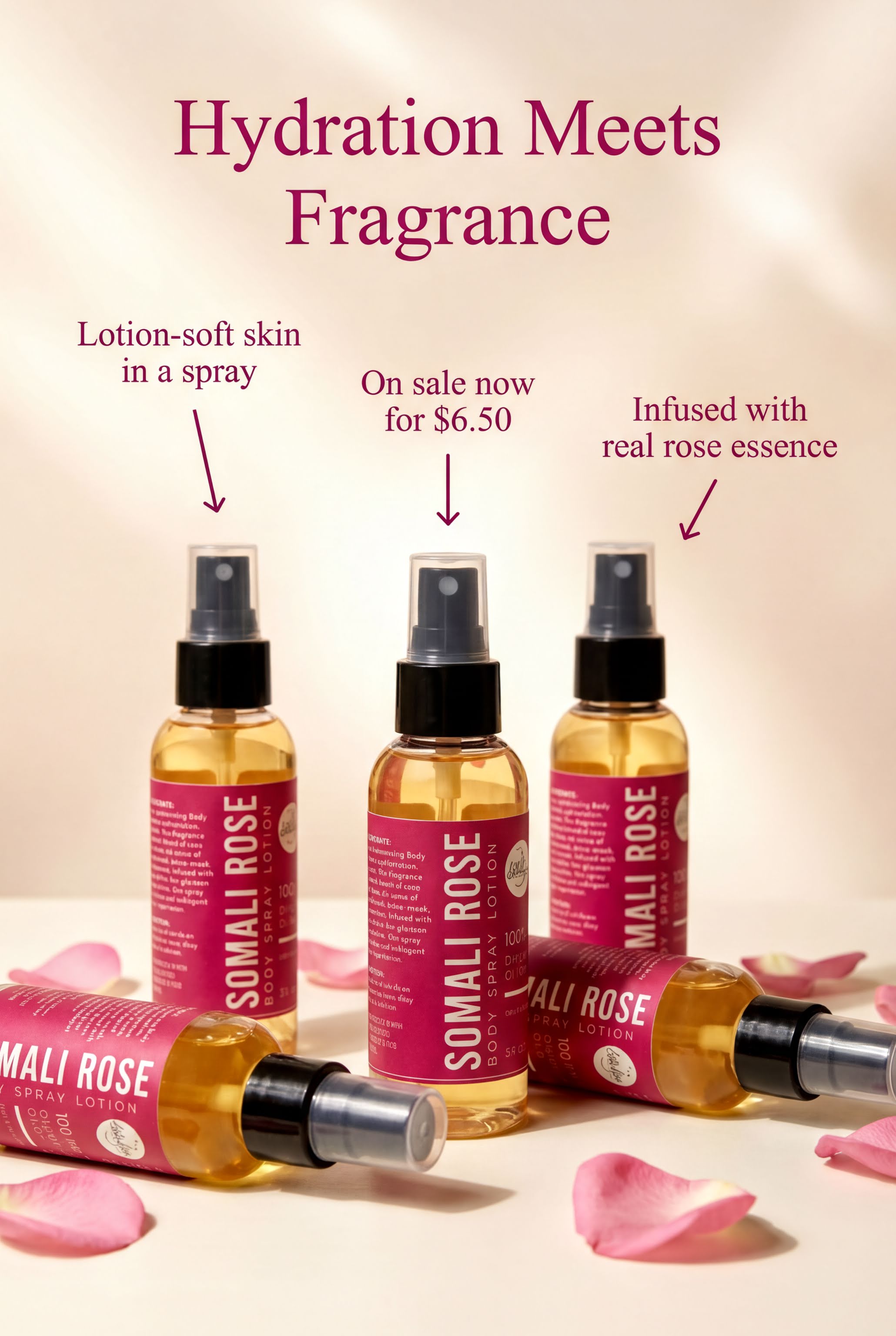 four bottles of SOMALI ROSE lotion, each with a spray nozzle, arranged on a surface with rose petals. The bottles are labeled with the text "Lotion-soft skin in a spray" and "On sale now for $6.50", indicating that the lotion is being offered for $6.50 and is available for purchase.