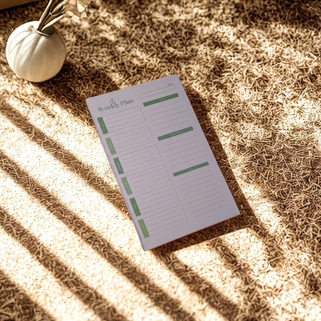 A white weekly plan notebook with green lines and a green header is placed on a carpeted floor, with a small white vase containing a plant and a window casting shadows on the carpet.