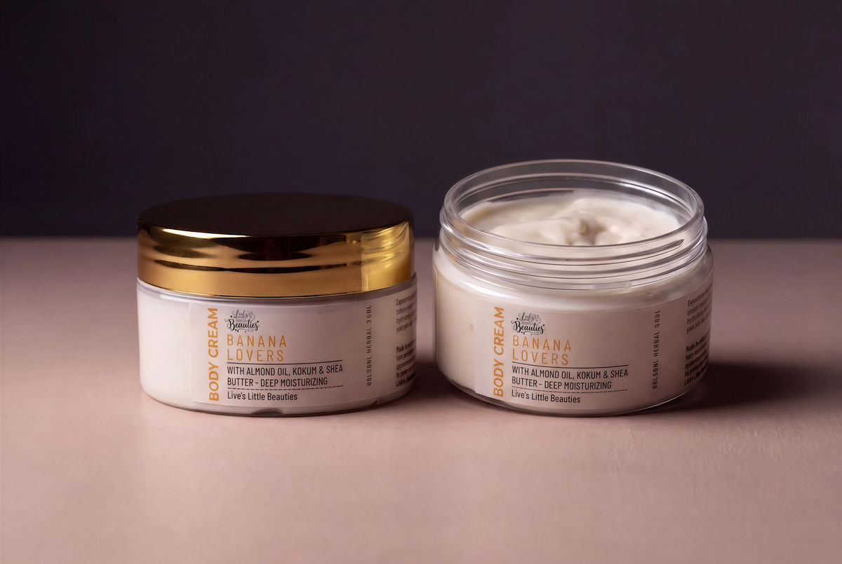 Two jars of body cream with a label that reads "Body Cream BANANA LOVER" and "With Almond Oil, Kokum & Shea Butter - Deep Moisturizing".