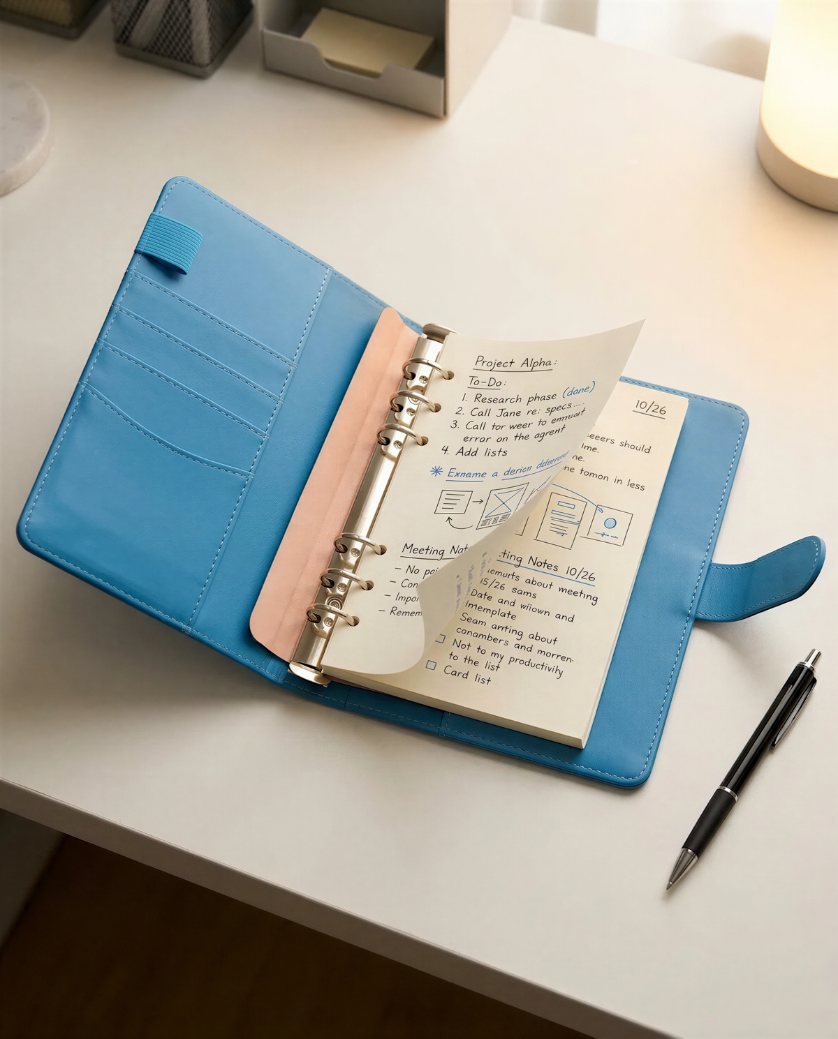 a blue notebook with handwritten notes and a pen on a white desk, with a pen and a blue folder visible in the background.