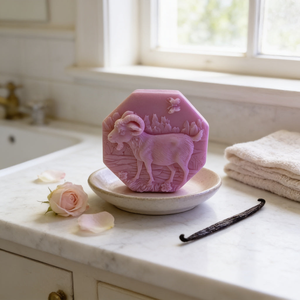 A pink soap dish with a goat design sits on a white countertop, accompanied by a rose, a vanilla stick, and a folded towel.